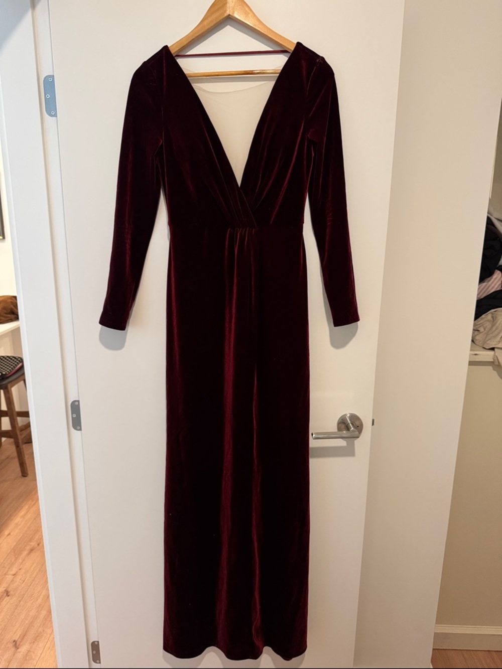 Anthropology Jenny Yoo Ryland Velvet Deep V Long Sleeve Maxi Dress - Wine